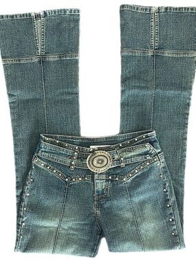 Y2K Studded Denim Flare Low Rise Boho Rodeo Jeans w/ Western Buckle
